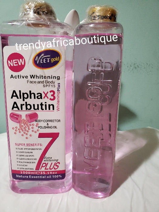 Original VEET GOLD alpha arbutin 3 correcting & polishing oil with vitamins with spf 15. 1000 ML bottle. Serum/oil is good for face and body