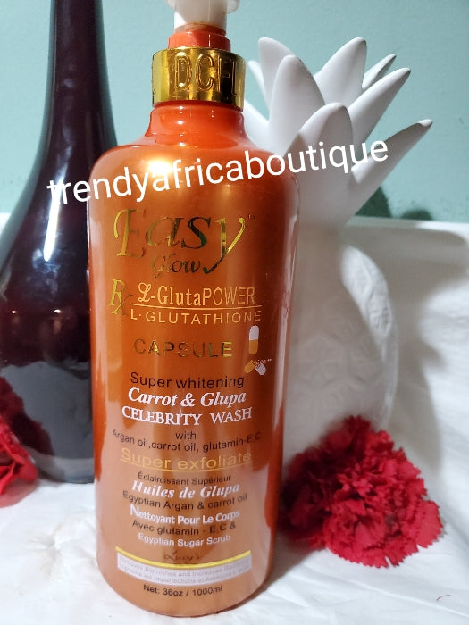 Easy Glow L-Glutathion super whitening Carrot and Glupa Celebrity wash 1000ml x1 super exfoliating scrub for a healthy glowing complexion. Use with the body lotion.