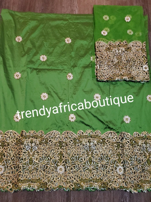 New arrival hand cut border embriodery, hand beaded and stoned quality taffeta silk indian-George wrapper 5yds + 1.8yds matching net for blouse combination. Nigerian wedding George!!!.