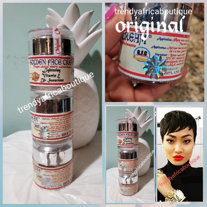 NEW packaging: Combo deal: Original Golden face whitening body milk 250ml x 2 bottles, serum x 2 bottlesand face cream x 2 jar.. Triple action body lotion with vitamin E and carrots extracts. Fades dark spot, acne, pimples. day and night.