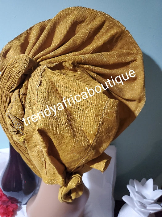 Gold fan design auto-gele beaded and stoned, made with Nigerian woven aso-oke. Nigeria gele Party ready in less than 5 minutes. One size fit, easy adjustment at the back