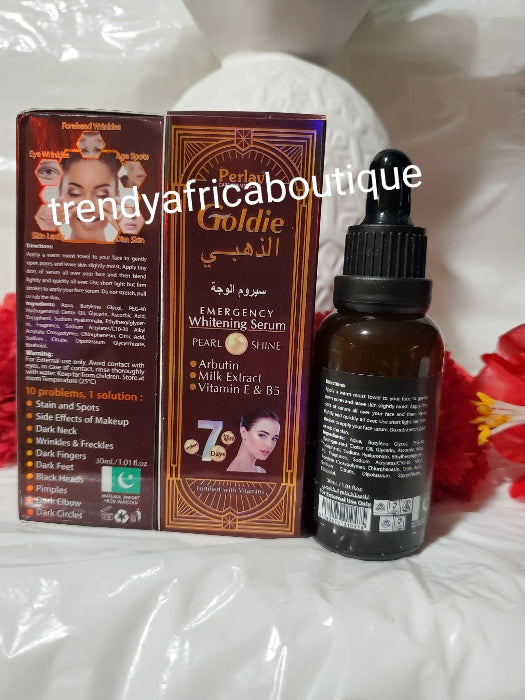 5-teiliges Set: Parley Goldie Advanced Skin Whitening Body Lotion, Seife, Gesichtsbehandlungscreme, Gesichtsserum und exklusives Körperbehandlungsöl. Perlenglanz. 10 Probleme 1 Lösung. Mit Alpha-Arbutin, Kojisäure, Vitamin B. 100 % Zufriedenheit