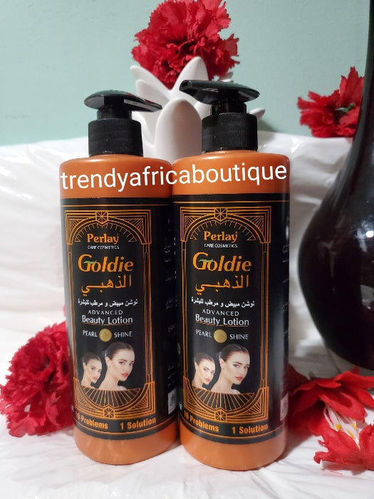 Parley Goldie advanced skin whitening body lotion 550ml bottle 10 skin problems and one solution lotion. Pearl shine. alpha arbutin, kojic acid, Vitamin B. 100% satisfaction