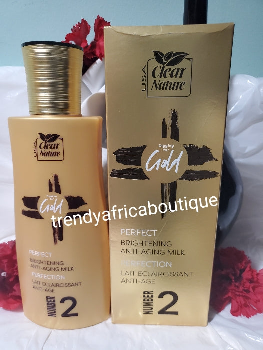 Clear Nature GOLD #2 perfect brightening and anti-aging body lotion 500ml x 1. Rich in shea butter and sweet almond oil. Intensely nourishes your skin and targets wrinkles & black spots. Formulated for dry and damaged skin. QUALITY AT ITS BEST