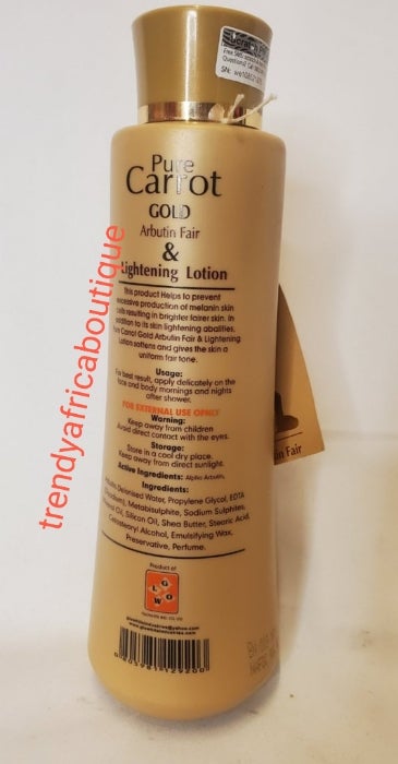 Pure Carrot Gold, Arbutin fair skin lightening body lotion 450ml brightening with alpha arbutin, Shea butter, formula for caramel,/bronze skin