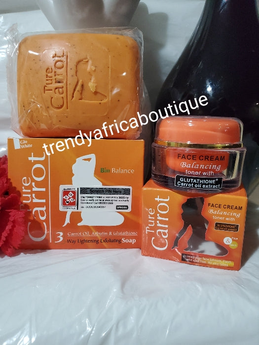 4pcs combo: Pure Carrot Bio Balance whitening Care formulated with carrot oil for a uniform fair tone. 450ml lotion, serum 60ml, face cream + soap. White and GLOW!