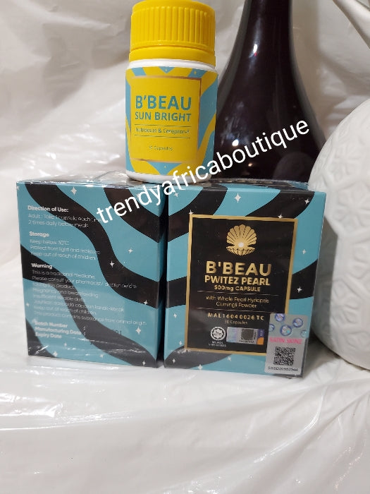 TRIO B' Beau set Advance suppliments: Satin Skinz BBeau ×2 + Pwitez Pearl whitening supplements 500mg x 30cap per bottle, Instant youthful glow, anti spot and malasma. For all skin type. Sale is for on set