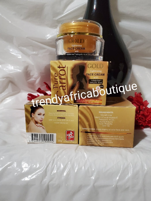 5pcs set: Pure Carrot Gold, Arbutin fair set: Gold lotion 450ml, Serum, soap and shower gel set. Skin lightening and brightening with alpha arbutin, Shea butter, formula for caramel,/bronze skin