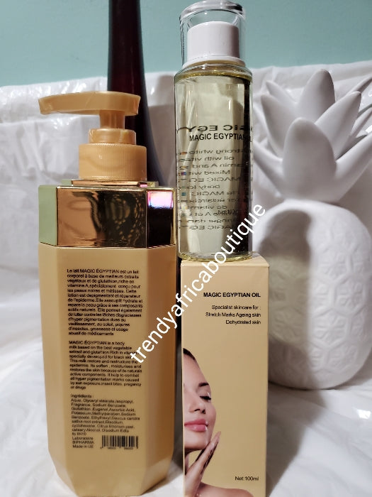 Back in stock Combo of Magic egyptian Luxery skin whitening/treatment body lotion anti- stains  500ml + magic Egyptian treatment oil 100ml. Formulated. With plant extracts & glutathione. Visible differences in 7 days.