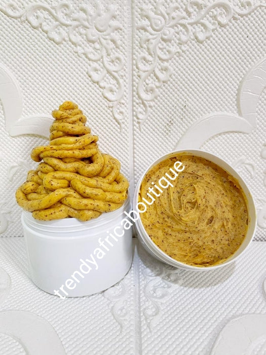 New product alert from Evob COSTMETICS: Dear White Half cast whitenizer Ultimate strong tumeric body Scrub 350g: tough on discolorations, black spots. Deep exfoliating scrub also available in peach extracts