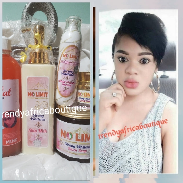 5pcs set of Original NO LIMIT Strong Whitener skin milk 500ml (sensitive skin) + 3X Mega blast strong whitener white booster serum 60ml, + NO LIMIT Face cream + No Limit Whitening black soap. 100% response on dark spots + mino body scrub .