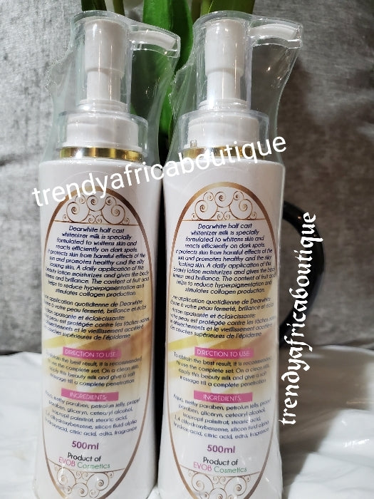 New product alert from Evob COSTMETICS: Dear White Half cast whitenizer body milk, ultimate super strong body lotion with spf 50. Formulated with fruit acid, almond oil etc. For stronger results, WHOLESALE AVAILABLE Upon request!!