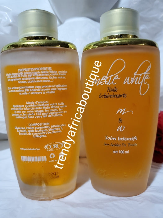 Melie White intense lightening and brightening serum/oil for face, hands and feet. Formulated with fruit acid, AHA, collagen etc. 100ml.