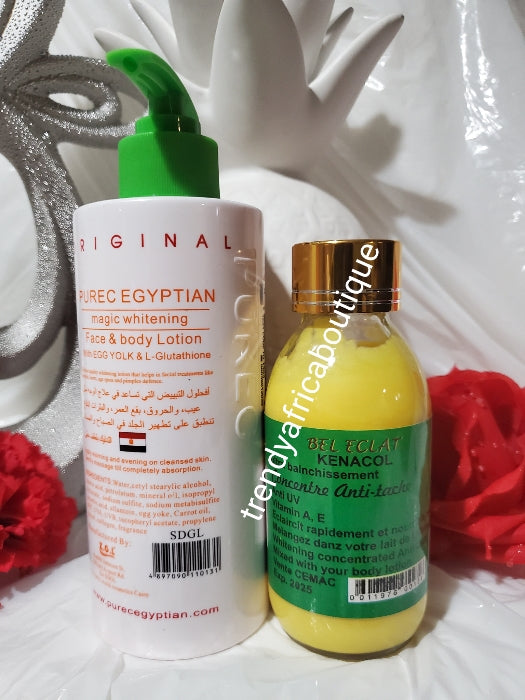 Original Purec Egyptian carrot lotion 300ml + Bel eclat kenacol xtra white concentre, Whitens & repair solution super Eclaircissant, anti spots mix into body lotion