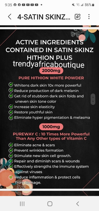 2 pack of Satin skinz hithion PLUS black skin supplements. Limited quantity. 15 sachet per box. New advance supplement Formulated for black skin. 15 sachet per pack