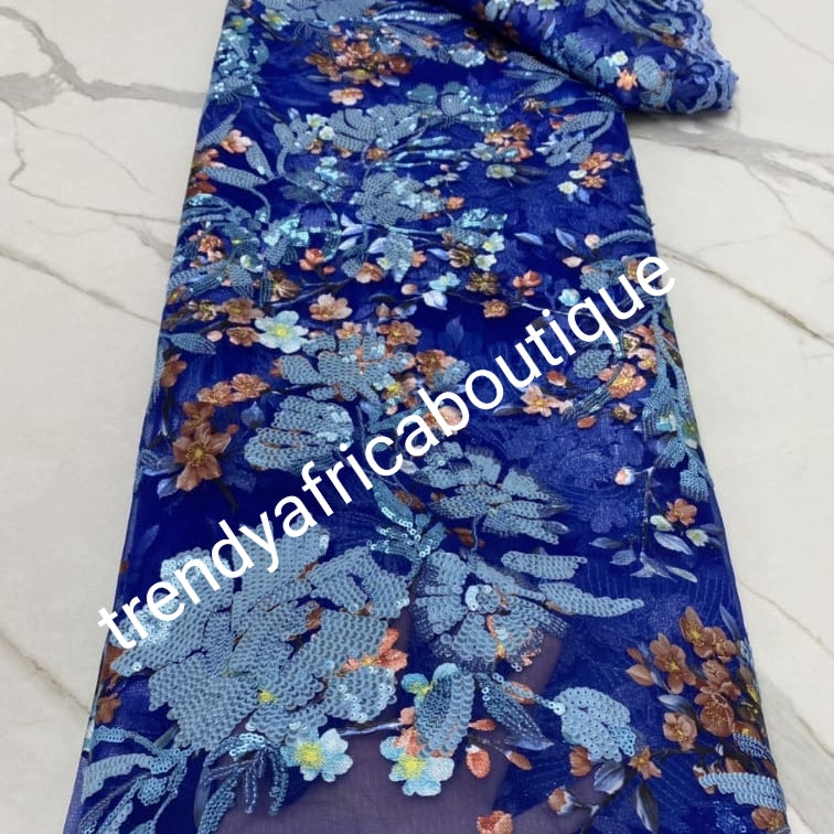 Sale: Top quality Lustrous royal blue embriodery french lace fabric embellished with sequence. Soft texture sold per 5 yards. African bridal/wedding/aso-ebi fabric. Ready to ship