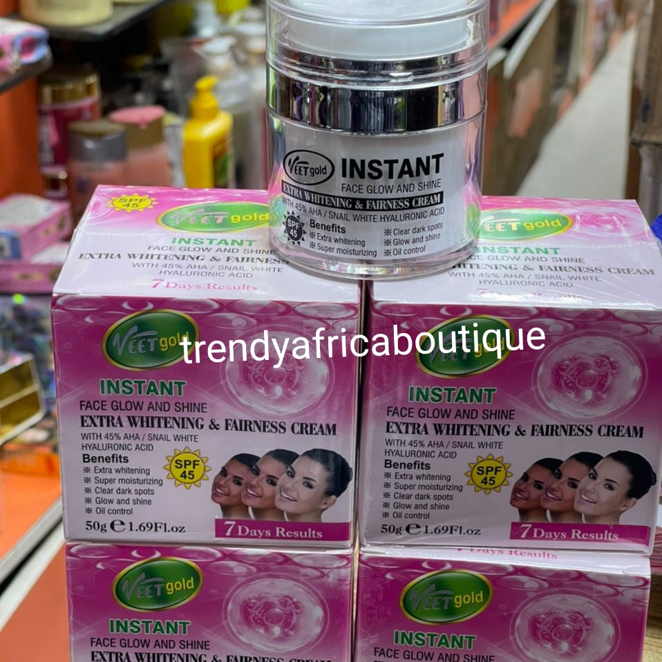 Veet Gold Instant Face Glow und Shine Extra Whitening & Fairness Gesichtscreme. 50gx1 Glas. 45 % AHA, Schneckenschleim + Hyaluronsäure. Lichtschutzfaktor 45.