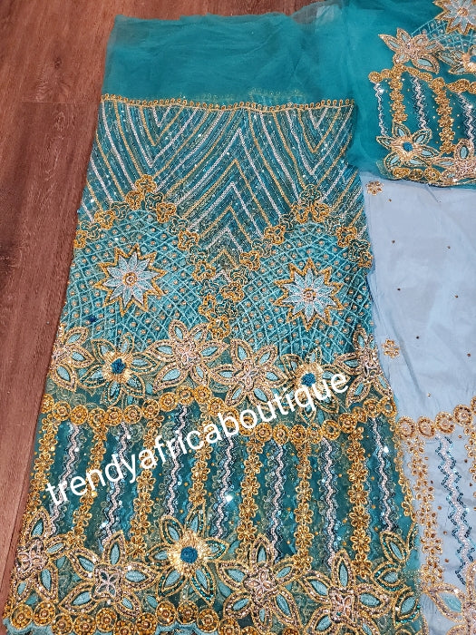 Ready to ship: sky blue taffeta silk George 2.5ys + beaded and stoned skyblue net + 1.8yds sky blue net for blouse. perfect stone work for traditional Bridal outfit. Sold as a set, price is for a set. .