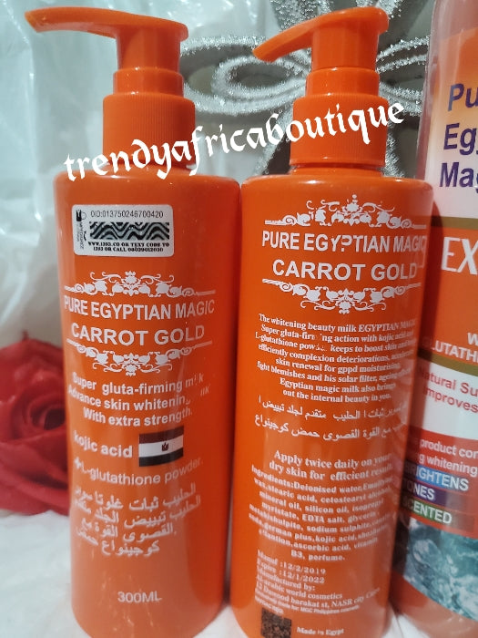 5pcs set: Pure Egyptian magic extra whitening body lotion 2 bottles, body wash, serum & face cream With carrots extracts, ascorbic acid, glutathione& egg york