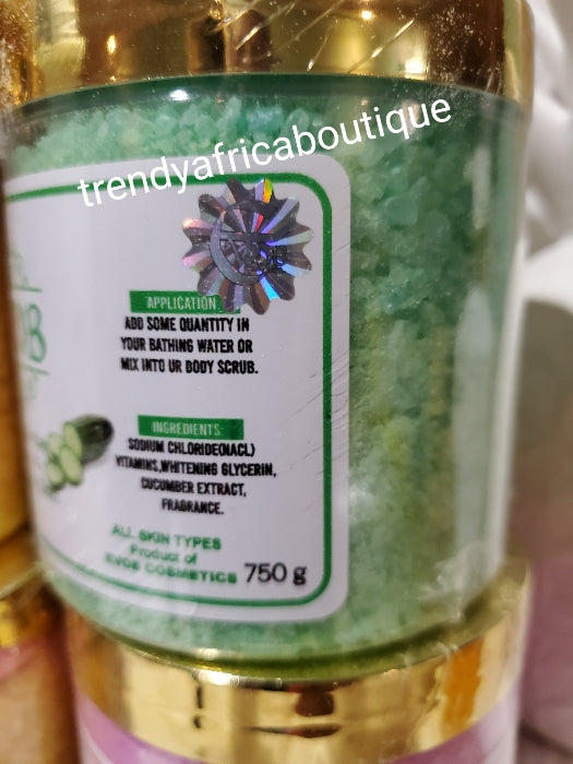Evob whitening salt scrub 750g jar x 1. Skin therapy bath. Available in Lemon, Petal rose, cucumber and carrot extracts.