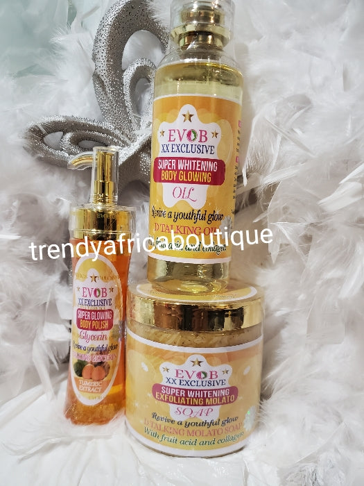 Perfect Set: EVOB XX EXCLUSIVE SUPER WHITENING & GLOWING BODY TALKING OIL + Exfoliating molato soap with collagen + Talking Glycerin with tumeric set.