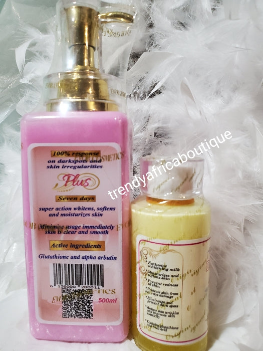 4pcs set of Original NO LIMIT PLUS Strong Whitener skin milk 500ml+ dear white concentre whitening serum 60ml, + NO LIMIT Face cream + No Limit Whitening black soap. 100% response on dark spots and skin irregularities.