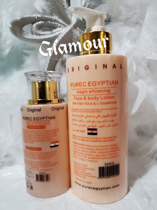4pcs. Set: Perfect combo: 4 in 1 set. Purec Egyptian Whitening body Lotion 2 bottles, Purec ORGANIC FORMULAR serum. 10D Molato halfcast organic soap 600g. combo