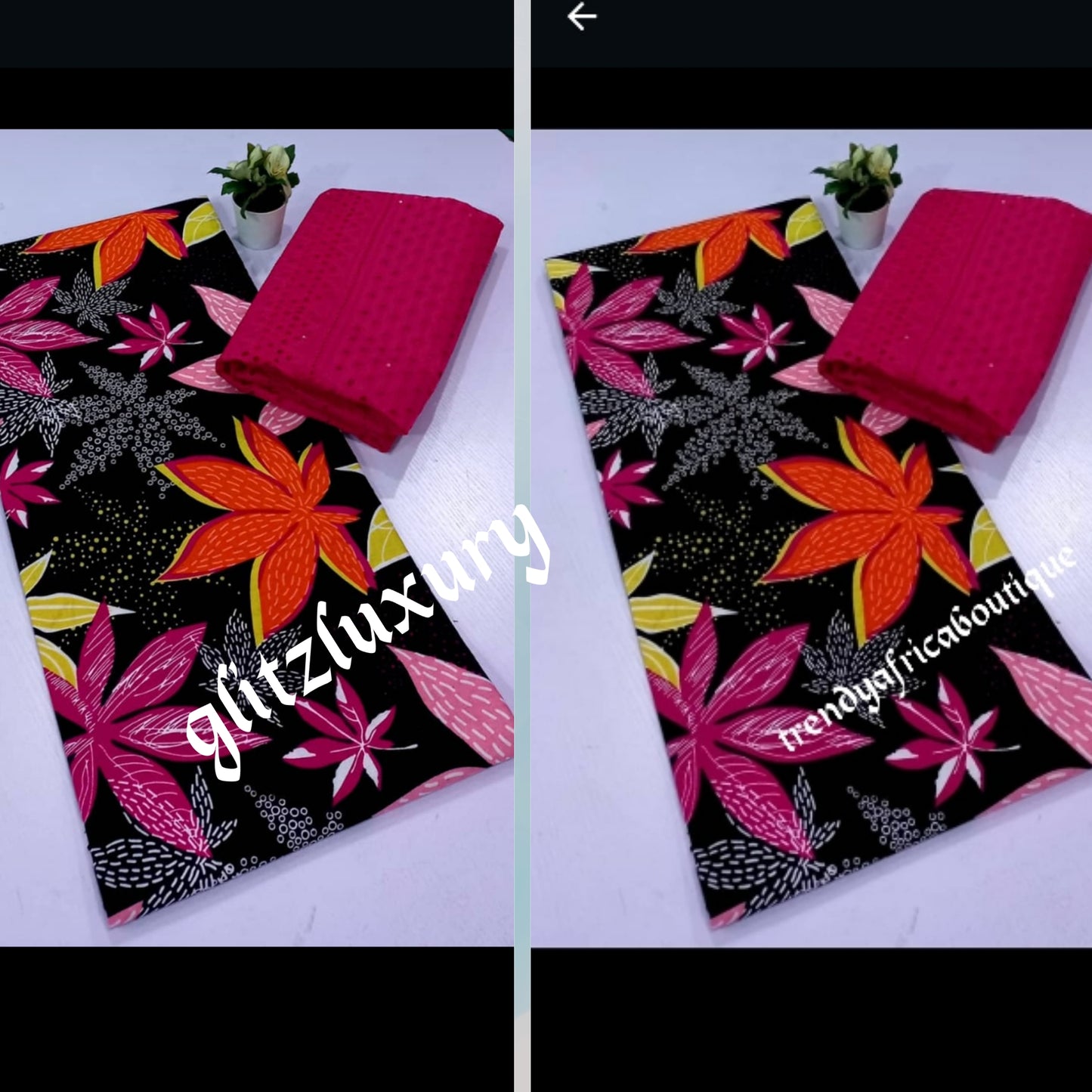 Fuschia Pink Dry lace + matching beautiful flower pattern African veritable wax print combination pack 3yard ankara and 2 yards dry lace in a pack. Luxuriouse quality ankara. Veritable wax print