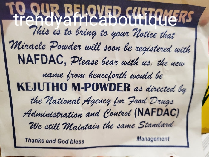 Miracle powder is a legendary healer with plant extracts ingredients. Mix a pinch of this powder to your body lotion or cream to treat sunburn, dark spot etc.. new name is : KEJUTHO POWDER