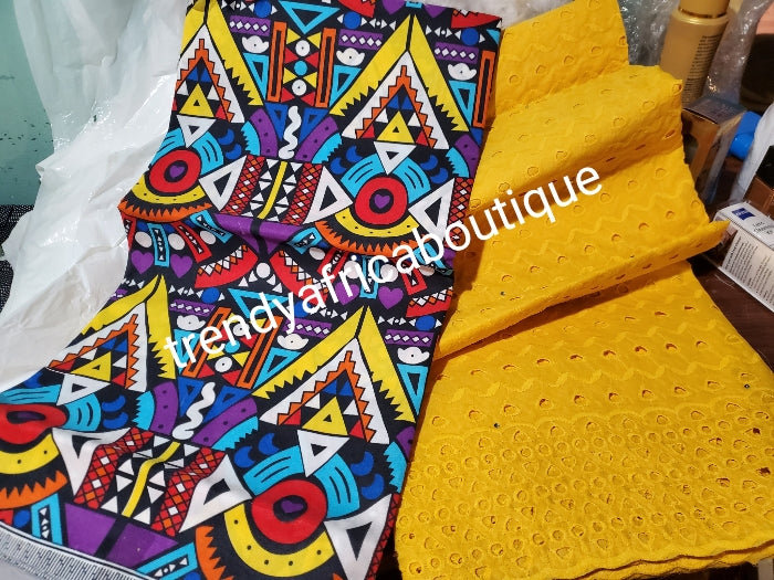 African wax multi color art work Ankara + baby yellow lace combination pack. 3yard ankara and 2 yards dry lace in a pack. Luxuriouse quality ankara. Veritable wax print