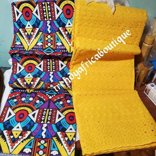 African wax multi color art work Ankara + baby yellow lace combination pack. 3yard ankara and 2 yards dry lace in a pack. Luxuriouse quality ankara.  Veritable wax print