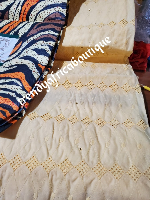 African wax print multi color chocolate/beige color dry lace combination pack. 3yard ankara and 2 yards dry lace in a pack. Luxuriouse quality ankara. Veritable wax print