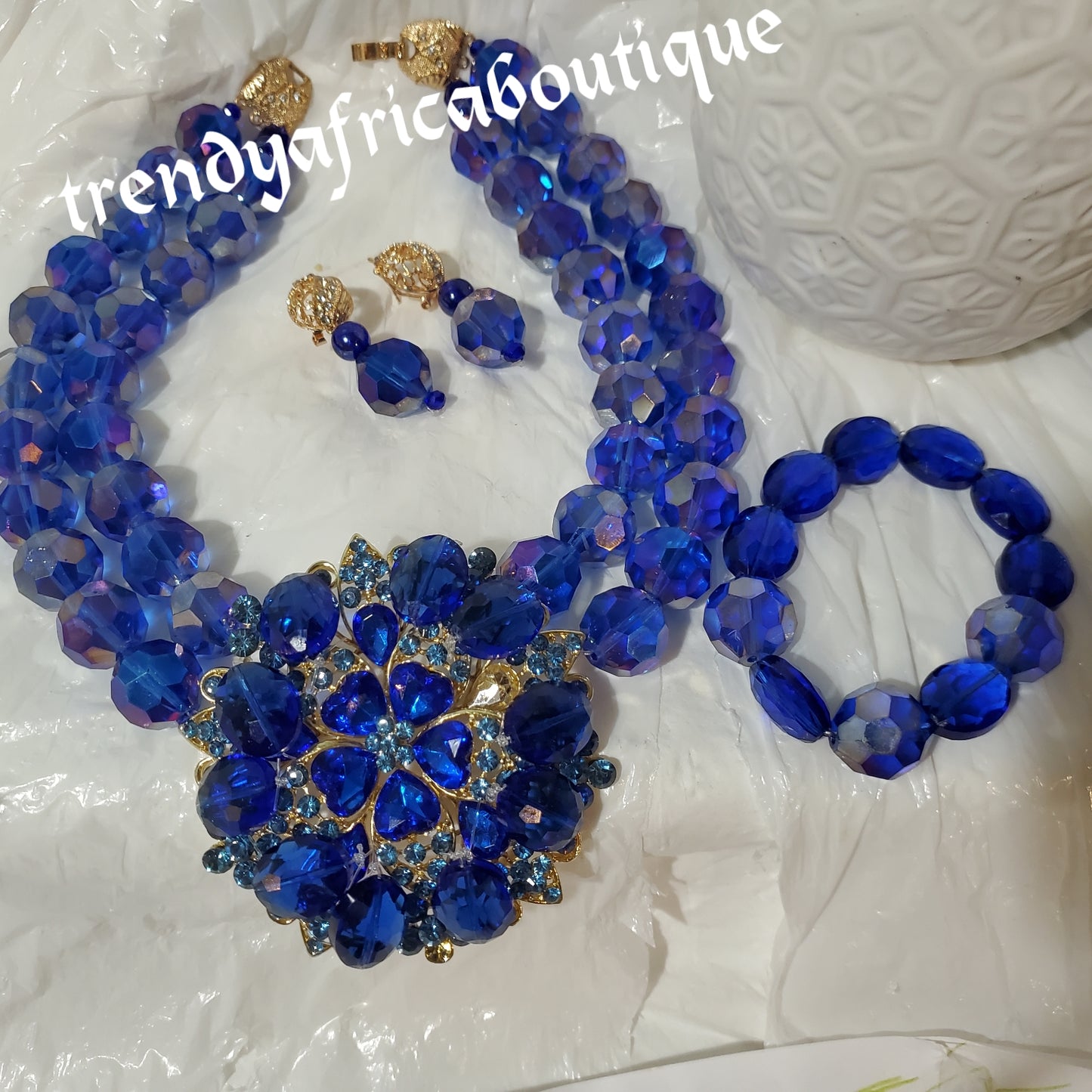 2 rows choker bold Royal blue glass beaded-necklace, Earrings,& bracelets. Sold as a set. Bridal wedding accessories royal blue /gold accessories