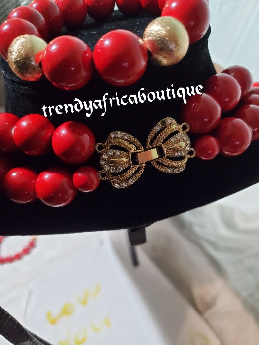2 rows sweet red beaded-necklace set. Earrings, 2 bracelets and 2 necklace. Sold as a set. Bridal wedding accessories red/gold accessories