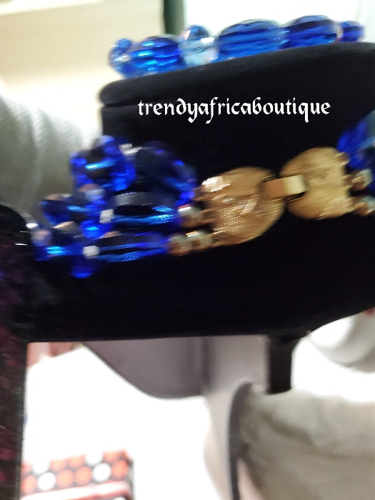 3 rows bold Royal blue glass beaded-necklace set. Earrings, 2 bracelets and multi drop necklace. Sold as a set. Bridal wedding accessories royal blue /gold accessories