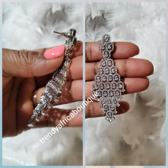 Silver 22k electroplated America Diamond-earings candallier drops. Hand set with quality dazzling CZ stones. Original quality, hypoallergenic. Light weight drop-earrings