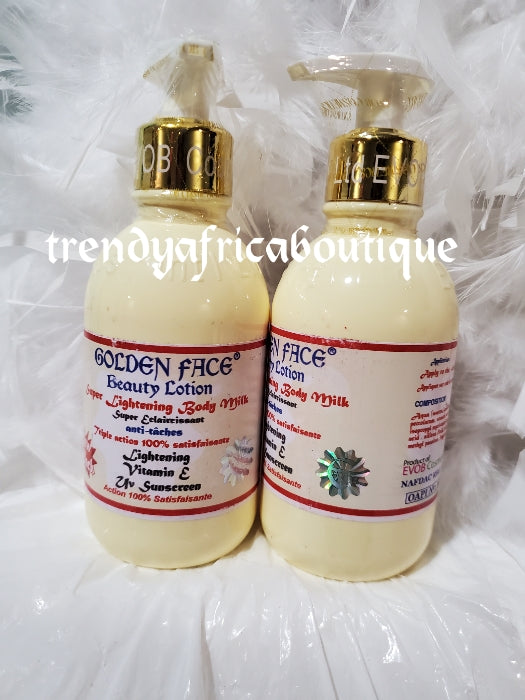 Original Golden face whitening body milk 250ml. Triple action body lotion with vitamin E and carrots extracts. Fades dark spot, acne, pimples. day and night.