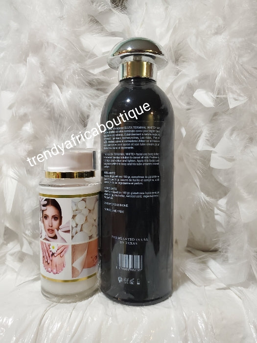 3pcs set of Glutathion terminal white face & body lotion, serum 120ml and face cream bottles. 💯 satisfaction
