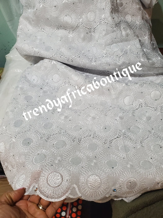 Pure white swiss Lace fabric. Quality embroidery lace. Embellish with dazzling crystals. Sold per 5yds price is for 5yds
