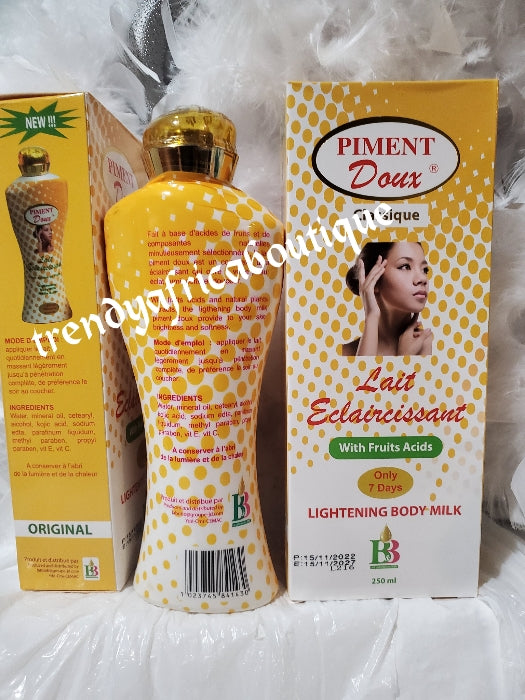 X 1 bottle of Piment doux classique lightening body milk with friut acid & kojic. lightening body lotion 250ml bottle 7 days action