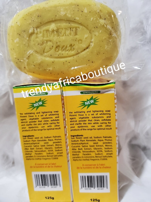 2 soap and 1 bottle of Piment doux classique lait ecclaircissant with friut acit lightening body lotion (milk). 250ml each 7 days action