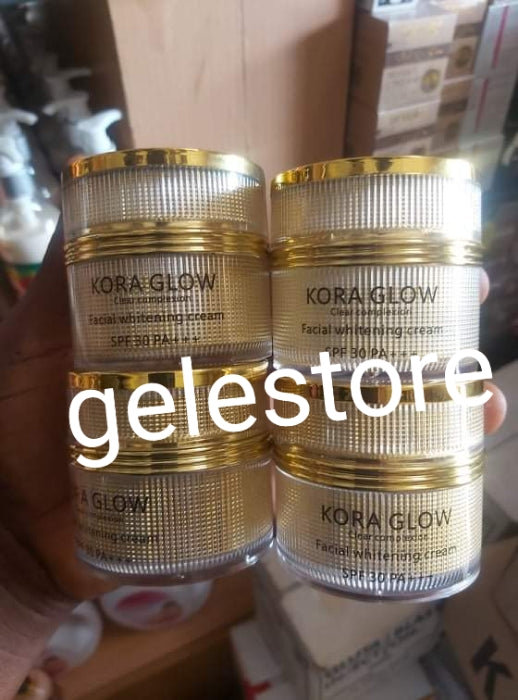 Kora Glow clear complexion, face whitening and black spots remover face cream spf30 50gx1 💯 satisfaction. Perfect polish face!!!
