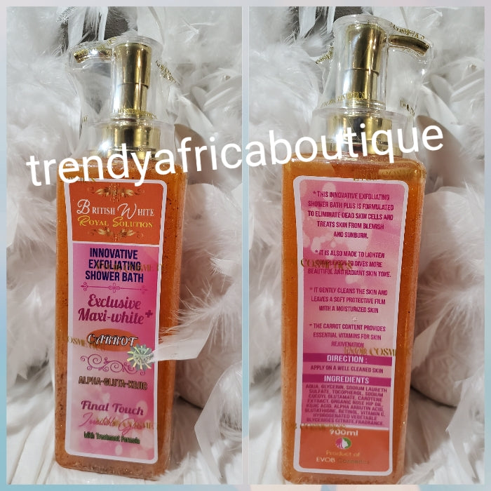 British white innovative exfoliating shower gel PLUS skin repair. Exclusive maxi white with Carrot extracts, kojic, Arbutin, glutathione 900mlx1. LUXURY SHOWER GEL!!