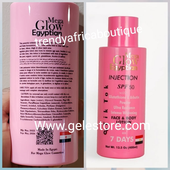BACK IN STOCK!!! Mega Glow Egyptian with saffron, Arbutin powder, L-glutathione ultra radiane face & body lotion 7 DAYS action. Spf 50. 400mlx1. Clears Knuckles