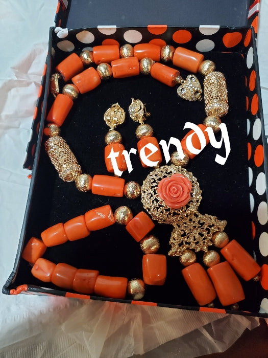 3pcs set Edo coral-necklace with pendant Traditional Bridal wedding Coral beads+earrings and one Bracelets. Exclusive Nigerian Native bead design with gold accessories sold per set. Bridal-accessories
