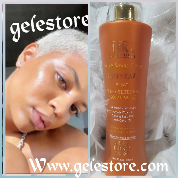 18k paris gold crystal blast super bleaching body wash and skin whitening body milk with pure carrot oil combo. Glowing body lotion 400ml + 1000ml body wash