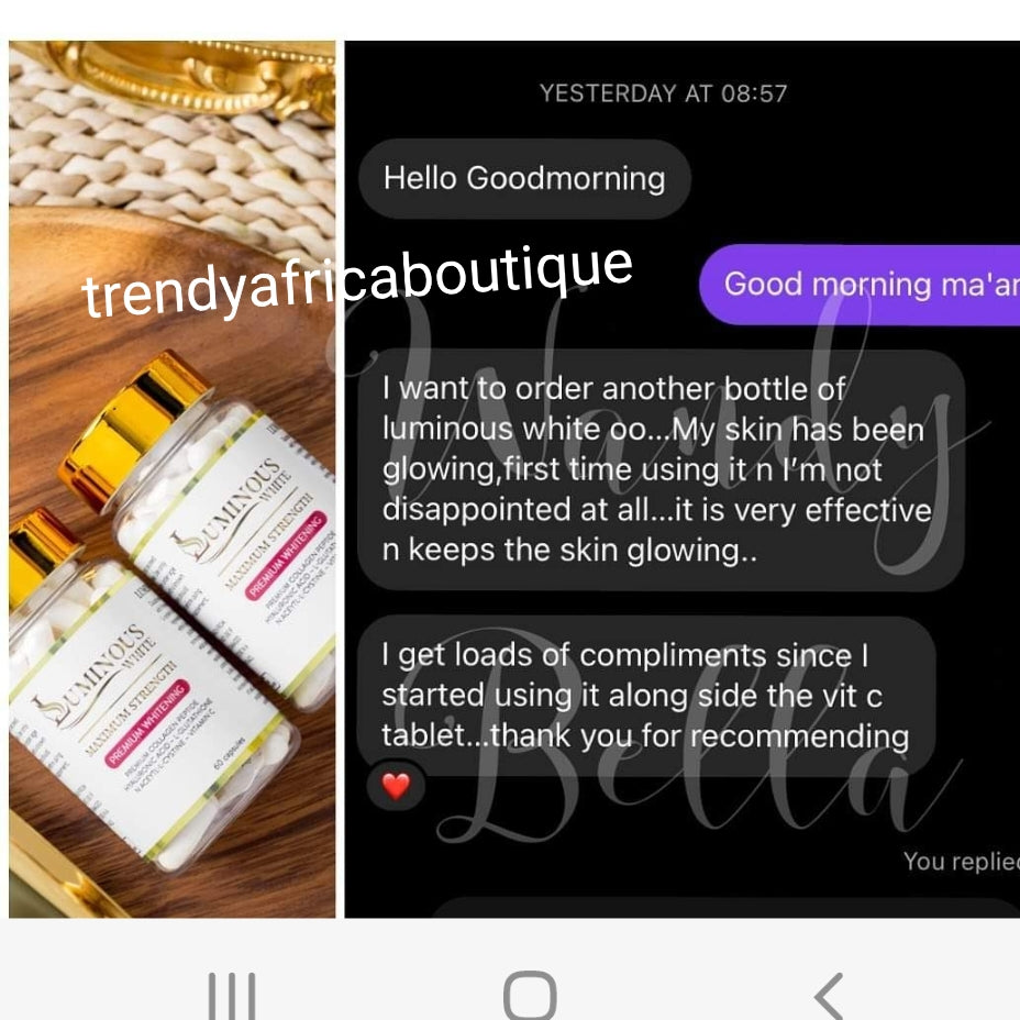 Luminous White Maximum Strength premium whitening. L-Glutathion, collagen, Vit. C etc. supplements sold per one bottle of 60cap