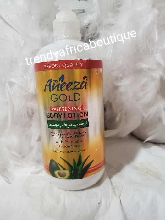 Original Aneeza Gold aufhellende Körperlotion. Formuliert mit natürlichen Inhaltsstoffen, Avocado-, Aloe- und Mandelöl, macht es weich und spendet Feuchtigkeit. 500-ml-Flasche x 1. Der Preis gilt für eine Flasche