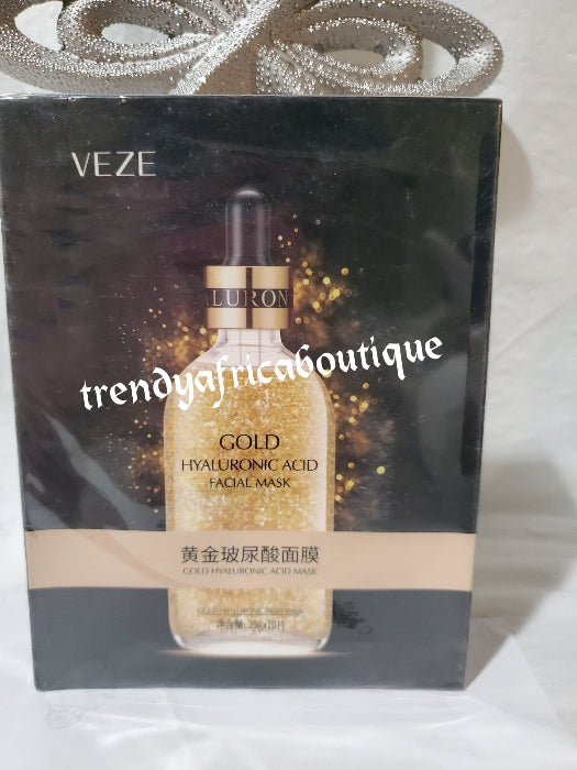 Gold Hyaluronic acid Facial mask for all skin types. 10 sheet per box. Sold per box of 10 mask. Anti redness, wrinkles, fine lines & more. Facial protection