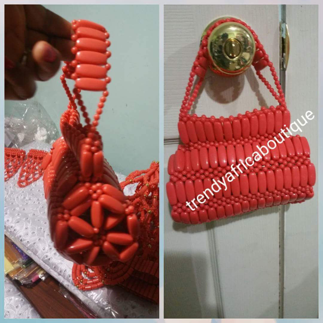 Edo/Benin Bridal accessories for traditional wedding. Coral hand clutch for bride. All hand made. We also have coral-necklace